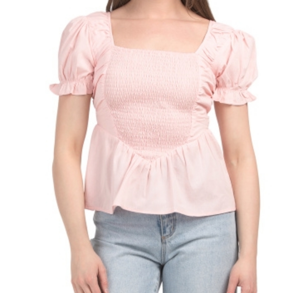 NWT - Girl Soul Cotton V-Waist Peplum Smocked "Blushing" Pink Top - Size L